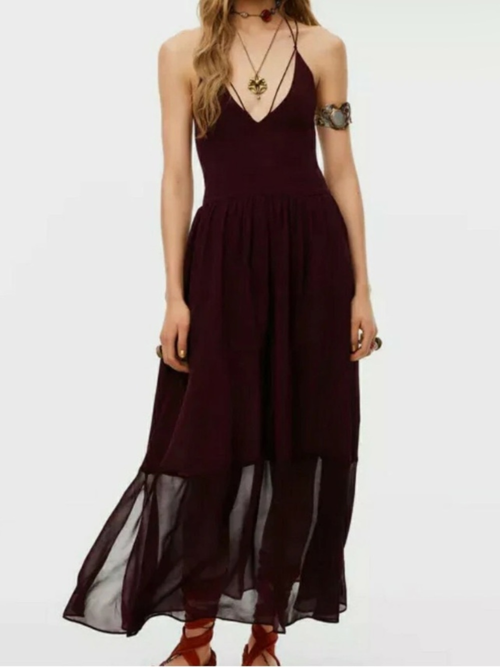 Zara V-Neck Spaghetti Strap Maxi Dress in Deep Burgundy